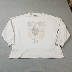 AC DC Sweatshirt Womens Size L White Fleece Lined Crewneck Rock Band Tour Loose
